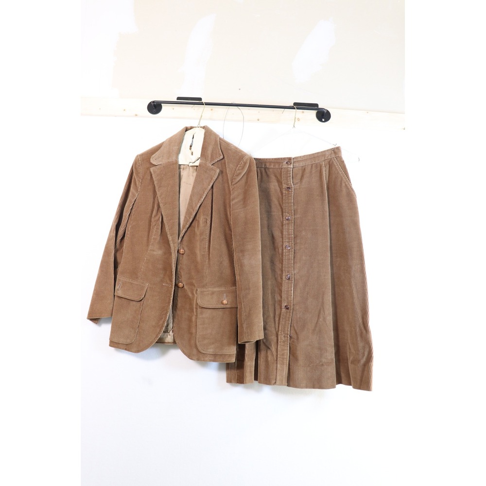 Vintage Tan Corduroy Skirt‎ Suit Set Blazer Button Down Midi Skirt Tan 2 Piece